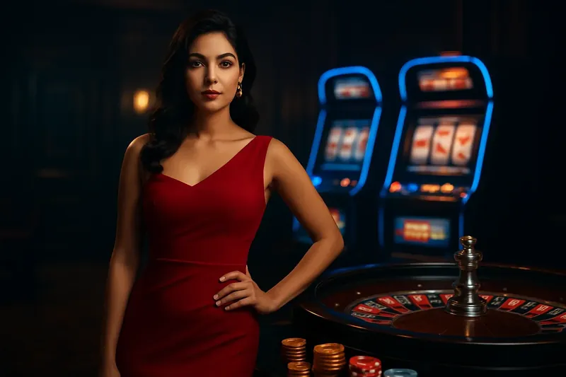 Beautiful woman in red dress posing confidently near roulette and slot machines in a luxurious Bangladesh casino with neon accents and gold coins