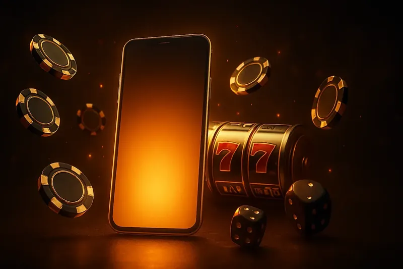 Glowing smartphone surrounded by casino chips, slot reels, and dice with gold accents on a dark background